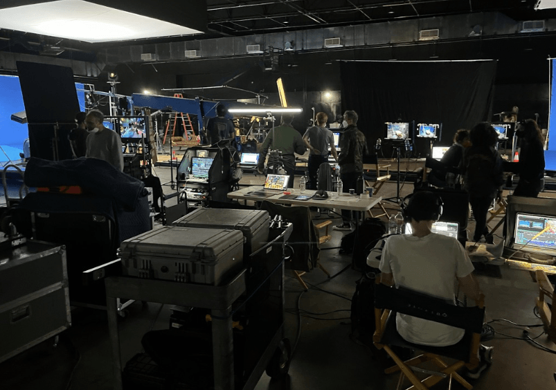 video equipment on set, crew, commercials, qtake, wireless, blue screen, 